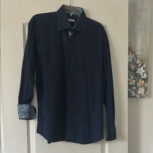 Elegant Dark Blue Dress Shirt with Pasley Trim